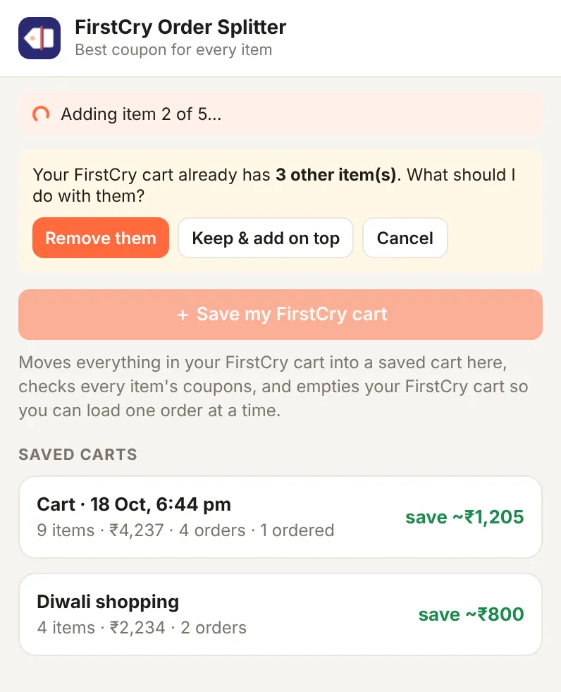 Saved FirstCry carts with the estimated saving for each