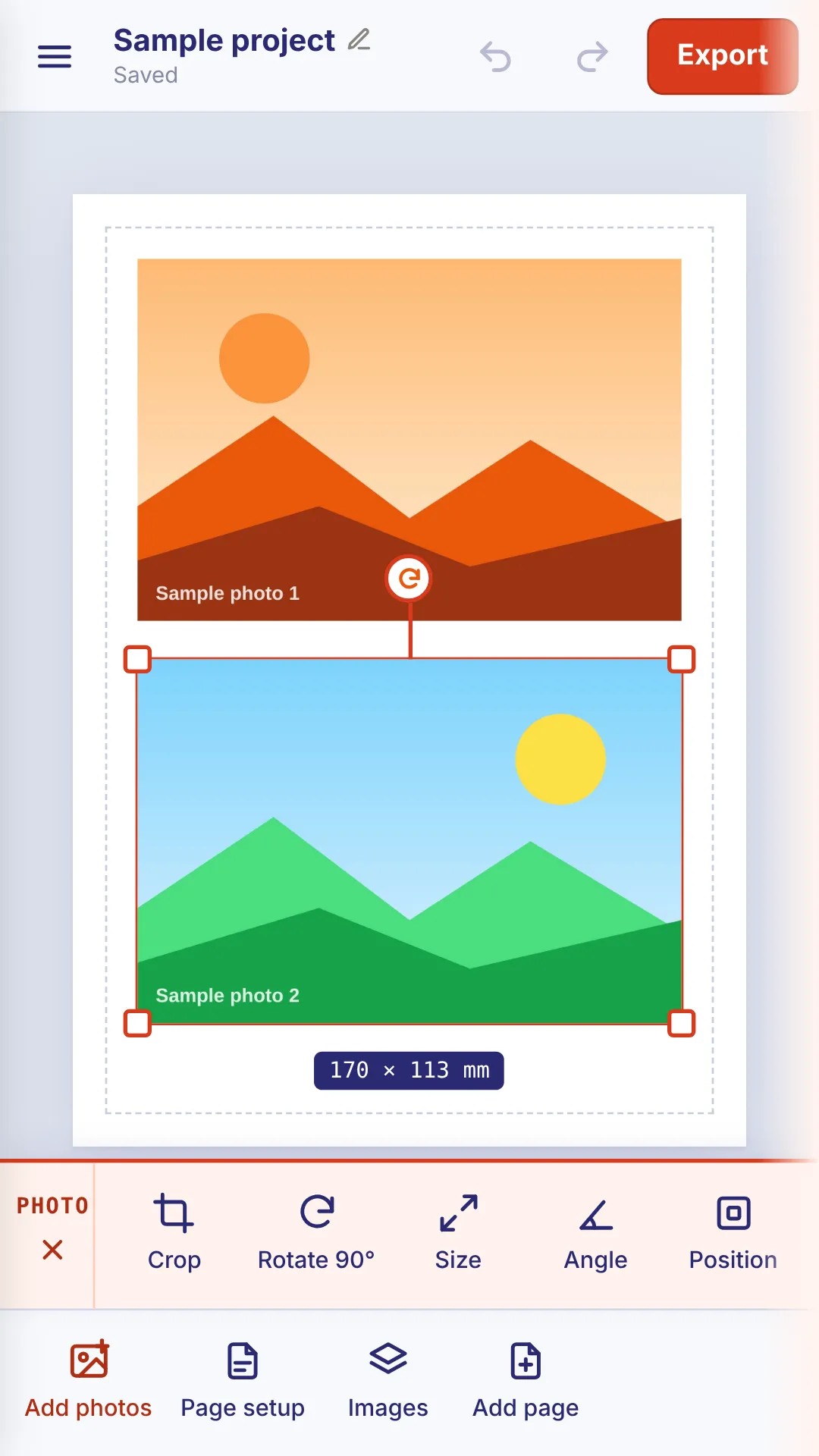 Two photos placed on an A4 page, one selected for cropping and resizing