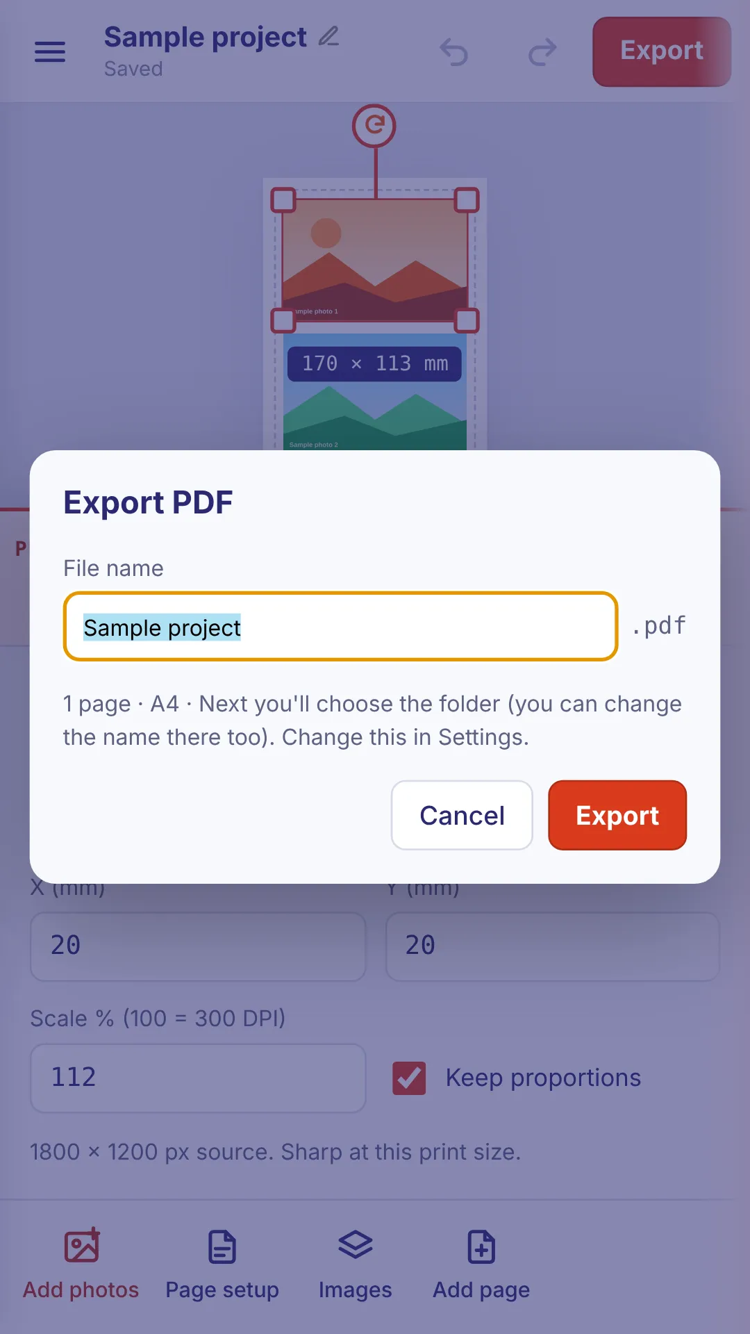 Export screen, ready to save, share or print the PDF