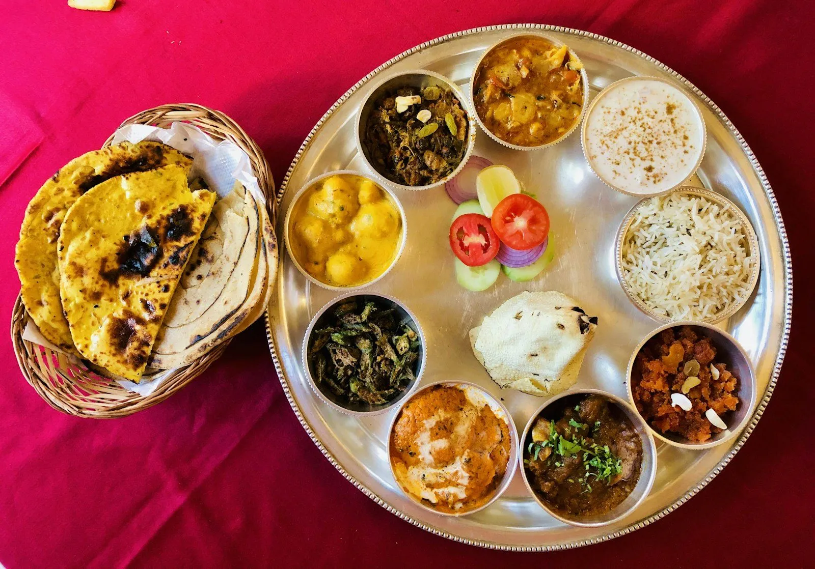 Malwa Special Thali with dal, sabzi, rice, roti and sweet